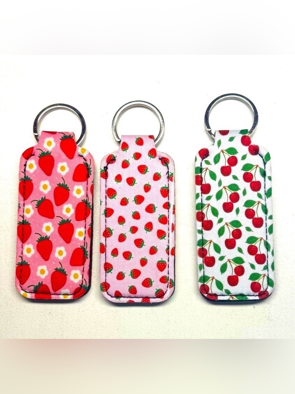 3 Strawberry and Cherry Patterned Keychain Set. New